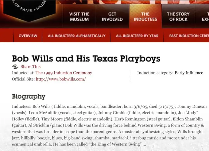 Rock Hall Screenshot Bob Wills and His Texas Playboys